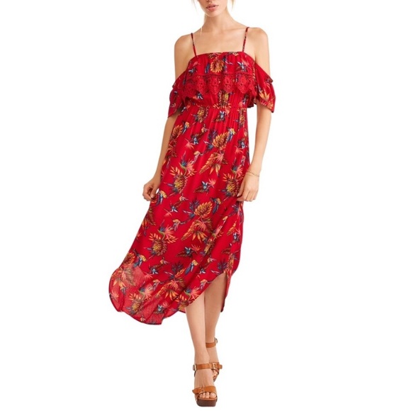 No Boundaries Dresses & Skirts - No Boundaries Red Maxi Hummingbird Pattern Cold Shoulder Sundress Women’s Small
